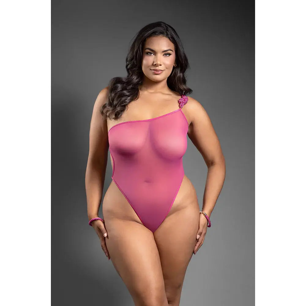 Lingerie - Fetish Wear One-Shoulder Mesh Teddy & Matching Rope Cuffs; Gold Hardware Queen Size