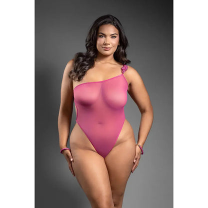 Lingerie - Fetish Wear One-Shoulder Mesh Teddy & Matching Rope Cuffs; Gold Hardware Queen Size
