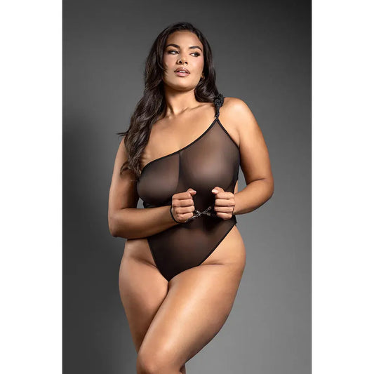 Lingerie - Fetish Wear One-Shoulder Mesh Teddy & Matching Rope Cuffs; Silver Hardware Queen Size