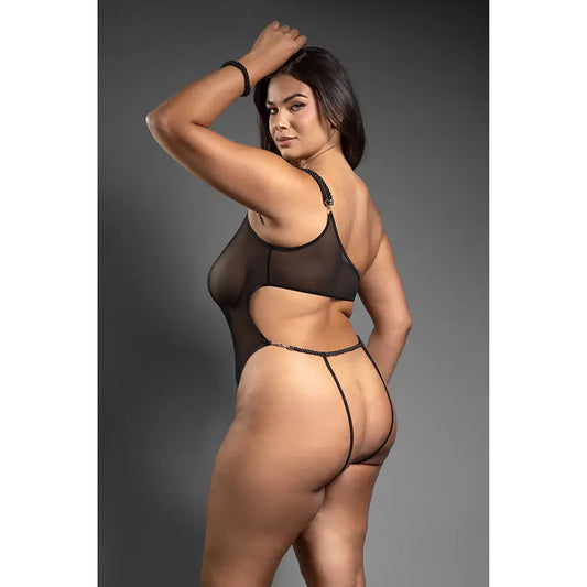 Lingerie - Fetish Wear One-Shoulder Mesh Teddy & Matching Rope Cuffs; Silver Hardware Queen Size