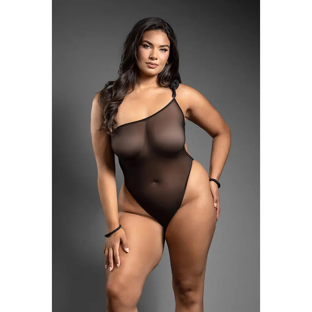 Lingerie - Fetish Wear One-Shoulder Mesh Teddy & Matching Rope Cuffs; Silver Hardware Queen Size