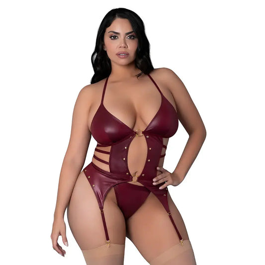 Lingerie - Fetish Wear Plus Wet Look Lingerie Kira Burgundy Queen Size