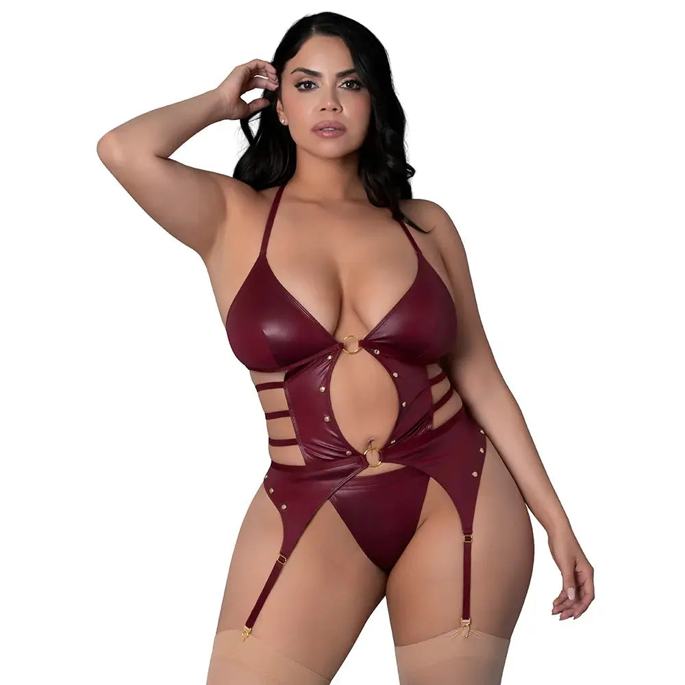 Lingerie - Fetish Wear Plus Wet Look Lingerie Kira Burgundy Queen Size