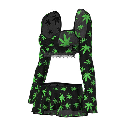 Lingerie - Loungewear for Women Magic Silk Hazy Dayz Crop Top, Skirt & G-String Set Pot Leaf L/XL