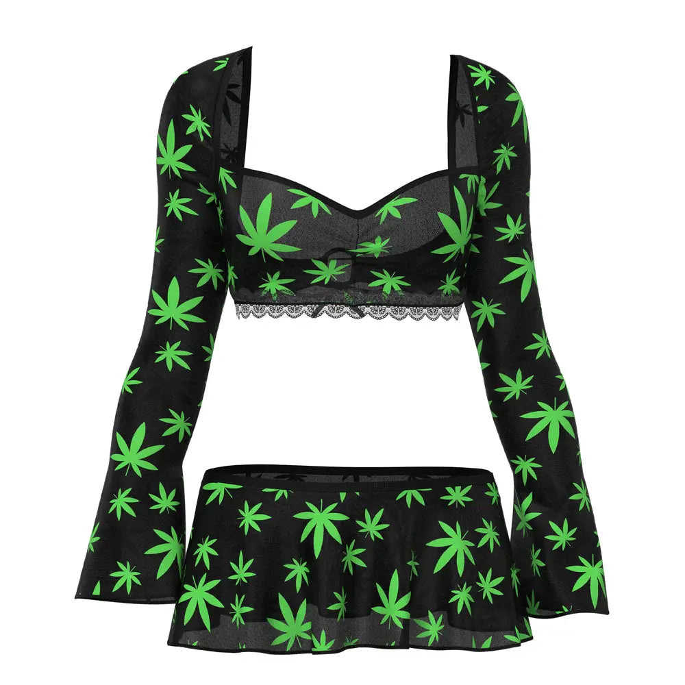 Lingerie - Loungewear for Women Magic Silk Hazy Dayz Crop Top, Skirt & G-String Set Pot Leaf L/XL
