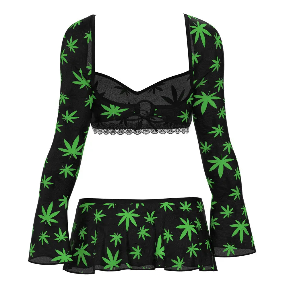 Lingerie - Loungewear for Women Magic Silk Hazy Dayz Crop Top, Skirt & G-String Set Pot Leaf S/M