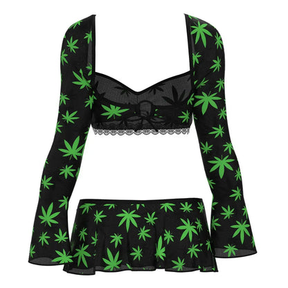 Lingerie - Loungewear for Women Magic Silk Hazy Dayz Crop Top, Skirt & G-String Set Pot Leaf S/M