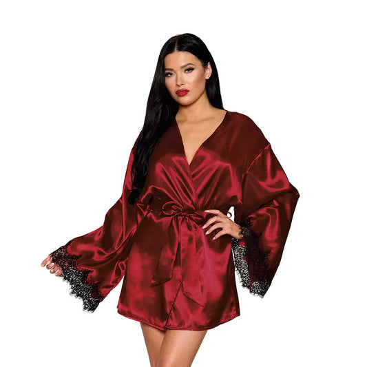 Lingerie - Loungewear for Women Sexy Red Robe Open Back Satin Robe with Lace Detail Oxblood M