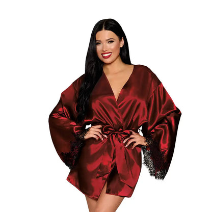 Lingerie - Loungewear for Women Sexy Red Robe Open Back Satin Robe with Lace Detail Oxblood M