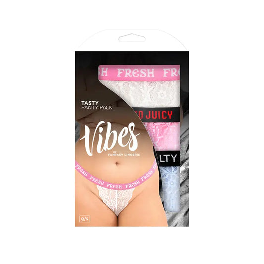Lingerie - Panties Thongs Boy Shorts Fantasy Lingerie Vibes Tasty Vibes Pack 3-Piece Lace Thong Panty Set Blue/Pink/White Queen Size