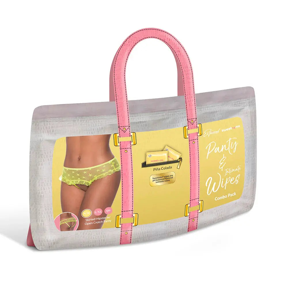 Lingerie - Panties Thongs Boy Shorts Sweetums Skirted Hipster with Open Crotch Panty Pina Colada Intimate Wipes L/XL