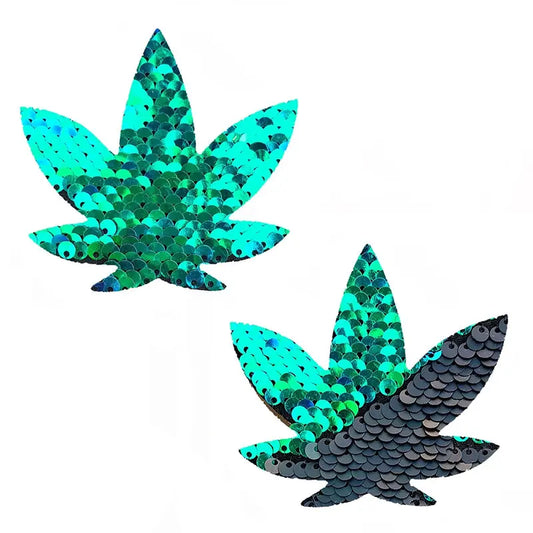 Lingerie - Pasties and Tassels Neva Nude Pasty Pot Leaf Sequin Green To Black