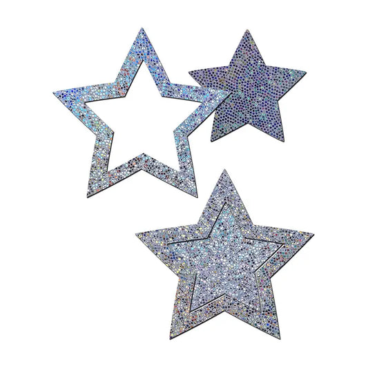 Lingerie - Pasties and Tassels Pastease Peek-a-Boob: Silver Glitter Star Frame & Center Nipple Pasties