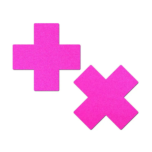 Lingerie - Pasties and Tassels Pastease Plus X: Neon Pink Day-Glow Lycra Cross Nipple Pasties