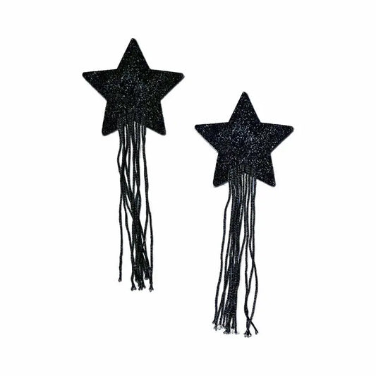 Lingerie - Pasties and Tassels Tassel Pasties: Black Sparkle Star Pastease with Long Fringe Nipple Pasties