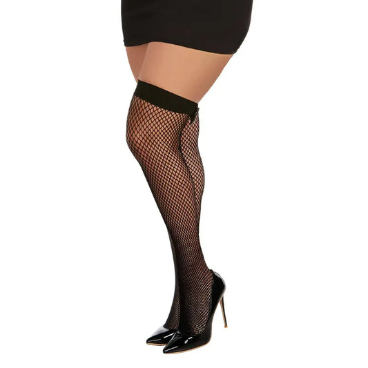 Lingerie - Stockings & Leggings Dreamgirl Diamond-Net Fishnet Thigh-Highs with Vinyl Bowtie Accent Black OSQ
