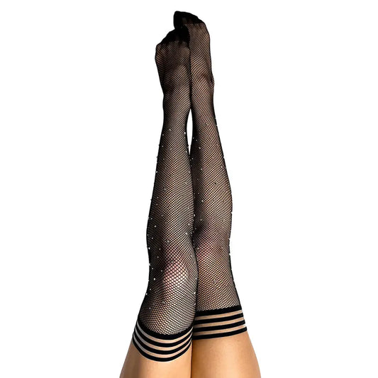 Lingerie - Stockings & Leggings Kixies Angelica Rhinestone Fishnet Thigh-High Black Size A