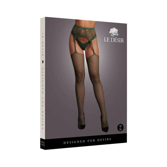 Lingerie - Stockings & Leggings Le Desir Fishnet and Lace Garterbelt Stockings Midnight Green O/S